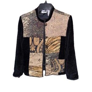 Chicos Black Gold Jacket Tapestry Chenille BOHO Vintage Patchwork Blazer 2 L